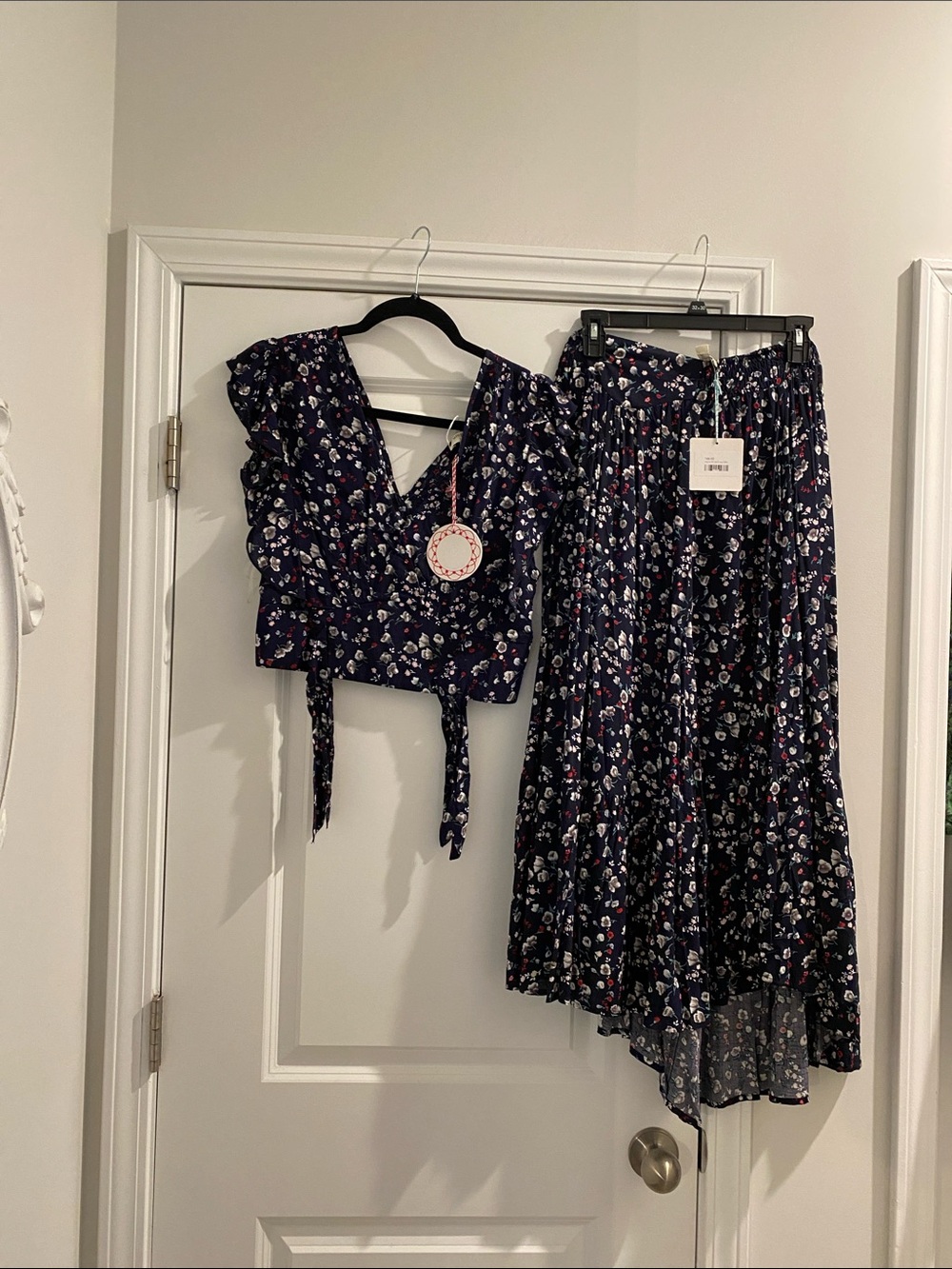 Umgee Navy Floral Asymmetrical Skirt Set